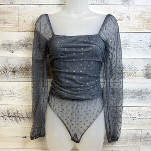 Pant Store Grey Tulle Silver Star Bodysuit Size S Top Shirt L/S Gathers Peasant
